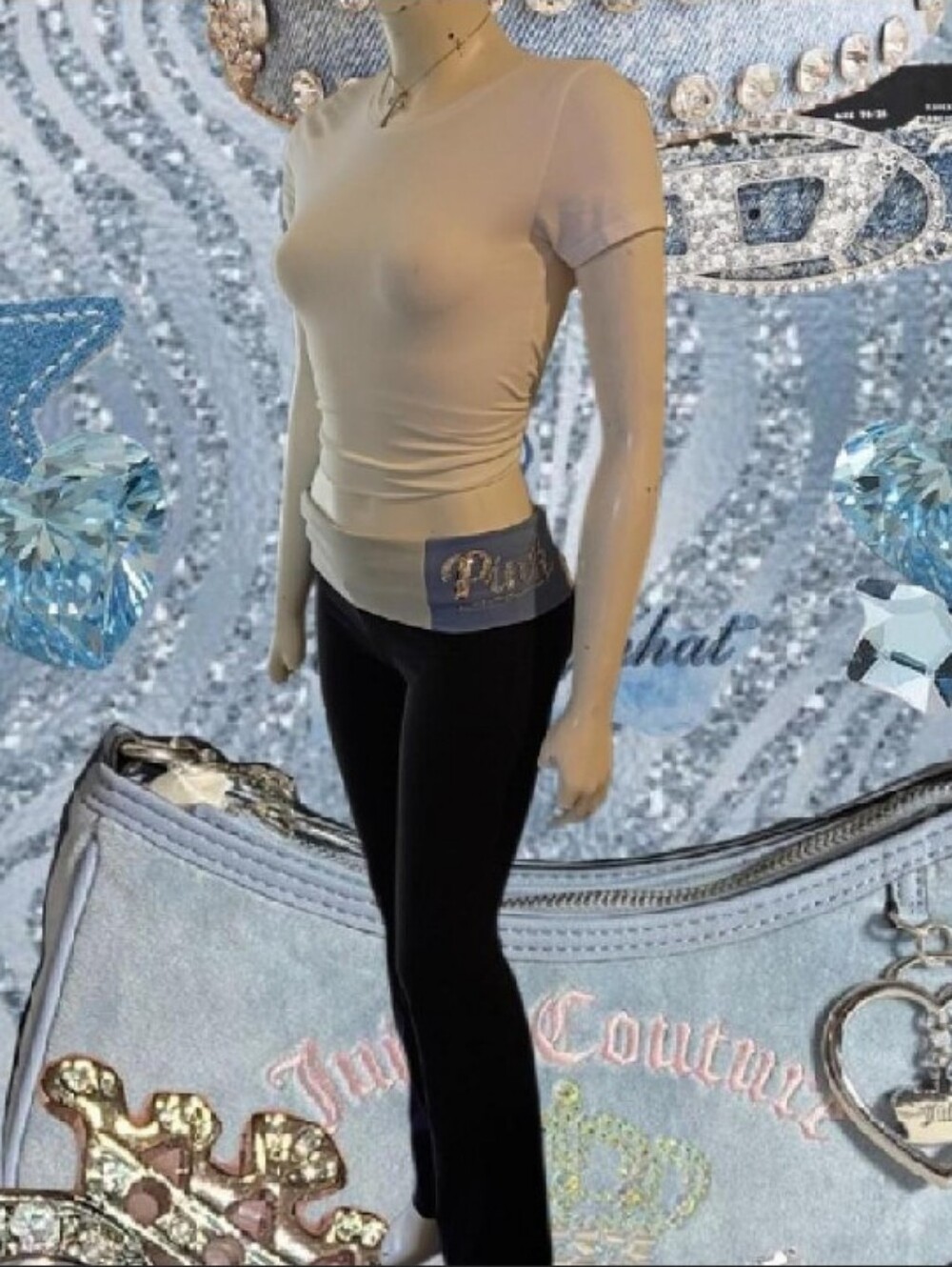 Victoria's Secret PINK- Black & Blue Sequin Fold Over Waist Flare Yoga Leggings
